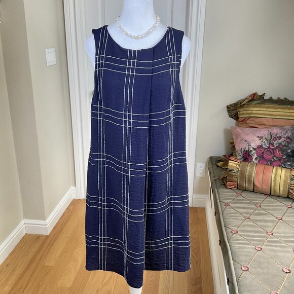 DKNY Dress Lightweight Rayon Blend Shift A-Line Navy White Sleeveless (10) - Picture 1 of 8